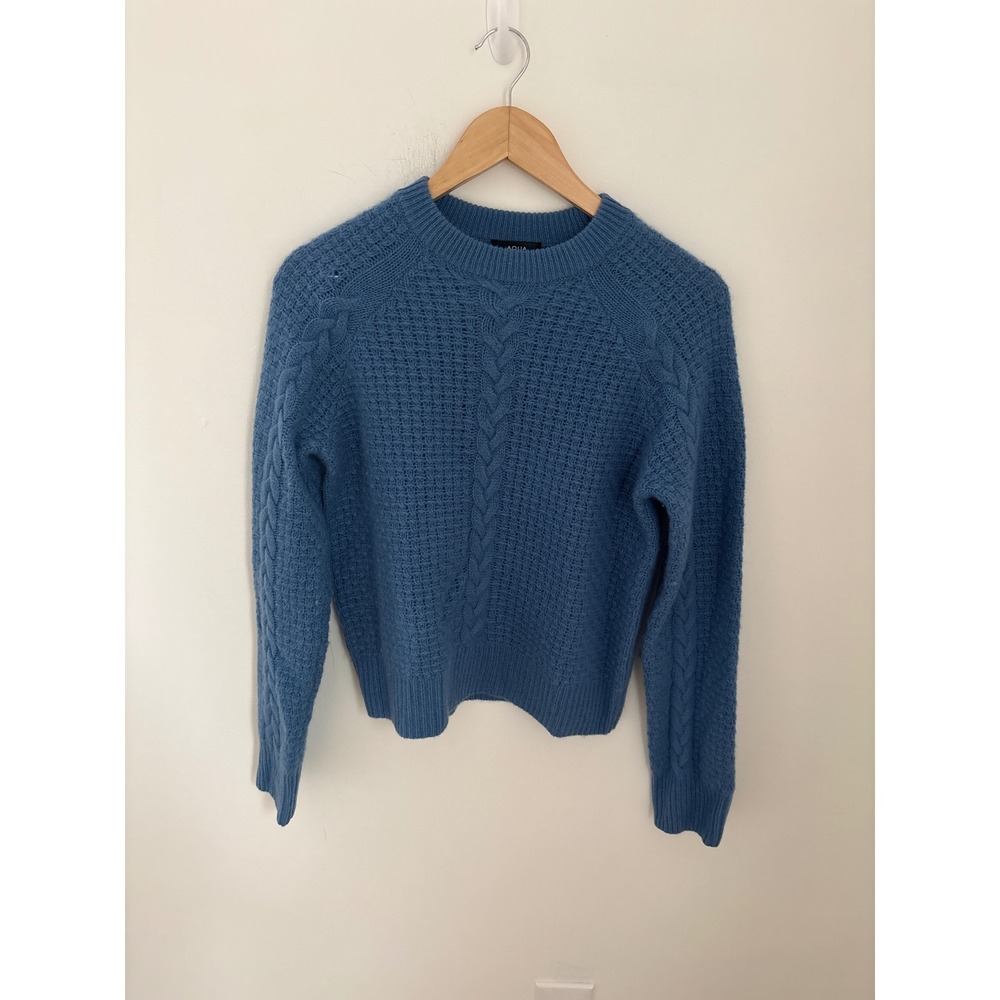 Aqua Cashmere Blue Cable Knit Basketweave Crew Neck Sweater Womens XS Pullover
